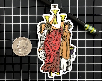 Three of Cups Pip Card Rider Waite Tarot Card Sticker Handmade Die Cut Decal | Waterproof Laptop Water Bottle Phone Vintage Zodiac