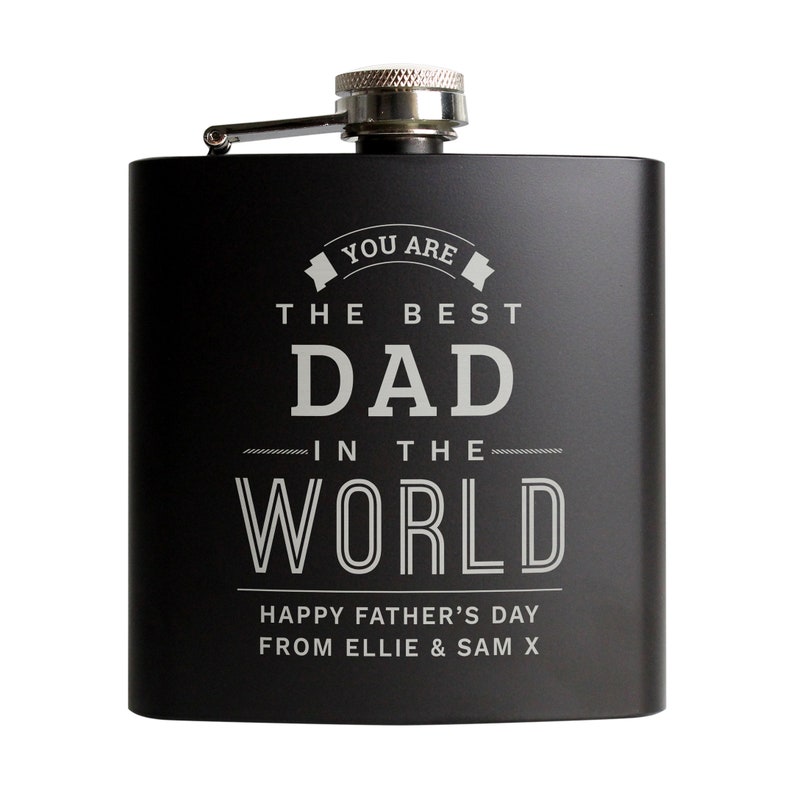 Best Dad in The World Black Hip Flask Personalised gift Father's Day or ANY Occasion image 2