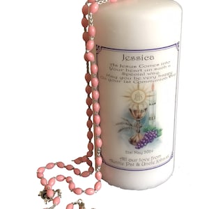 First Holy Communion Candle with Rosary Beads Personalised Gift for Girl Keepsake