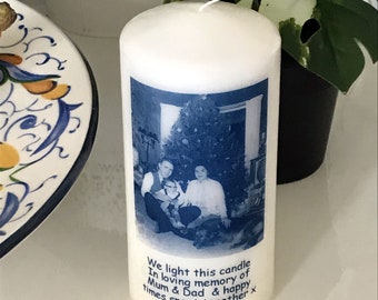 Mum & Dad Personalised Memorial Candle with photo and message to light in memory of loved one