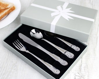 Personalised gift for Child's Teddy 4 piece First Cutlery Set  great for Christening, Naming Day or other occasion