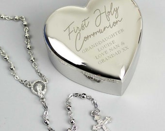 Granddaughter First Holy Communion Heart silver plated Trinket Box & rosary beads personalised gift
