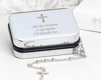 Baptism Personalised Gift Rosary in Trinket Box commemorative Catholic Present for Baby girl or Baby boy