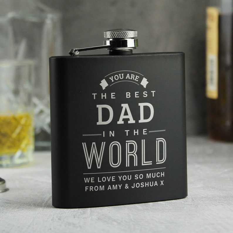 Best Dad in The World Black Hip Flask Personalised gift Father's Day or ANY Occasion image 1