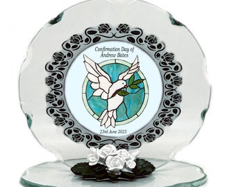 Confirmation personalised gift Dove of Peace Hand Cut Glass Plaque Keepsake by Cellini Plaques