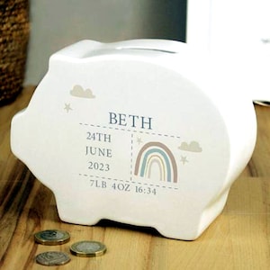 Piggy Bank New Baby personalised gift Present for Baby girl or Baby boy First Money Box