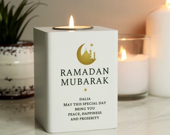 Ramadan,  Eid or Diwali Personalised Gift White Wooden Tea light Holder