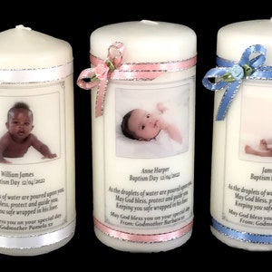 Baptism  Candle or Christening Personalised gift Photo keepsake  Baby Girl or Baby Boy