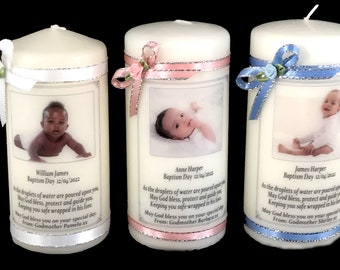 Baptism  Candle or Christening Personalised gift Photo keepsake  Baby Girl or Baby Boy