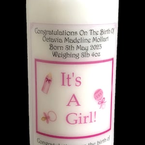 Congratulations Its a Girl New baby Personalised gift Candle Hand Made by Cellini Candles
