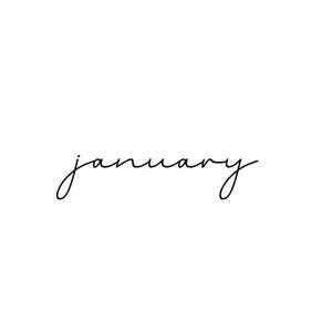May include: The word "january" in a delicate, handwritten script is centered on a white background. The black ink lettering has a flowing, elegant style, with a slight slant. The image is simple and minimalist.