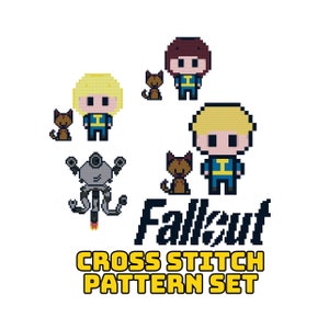 May include: A cross stitch pattern set featuring pixelated characters and imagery from the Fallout video game series. The image includes characters with blonde and brown hair, a robot, and the text "Fallout CROSS STITCH PATTERN SET."