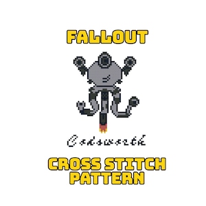 May include: A cross-stitch pattern featuring a pixelated image of a robot from the Fallout video game series. The robot is gray and black, with the word "FALLOUT" above it and "CROSS STITCH PATTERN" below. The name "Codsworth" is also included.