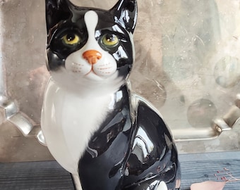 Figurine Chat Noir Blanc Made in Italy Giovanni RONZAN? Figurine de chat assis vintage des années 1960-1970 en parfait état