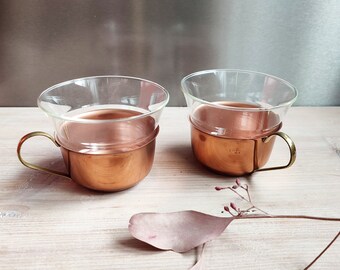 2 sets theeglazen met houder Jenaer Glas Schott & Gen Mainz jaren 70 vintage koper messing TOP staat
