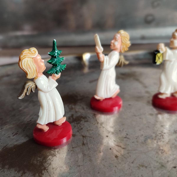 3 Engel 1940 Jahre Vintage Weihnachtsschmuck Mini Figuren Made in Germany, Christbaumdeko, 3 Stk. Zelluloid Hartplastik Antik!