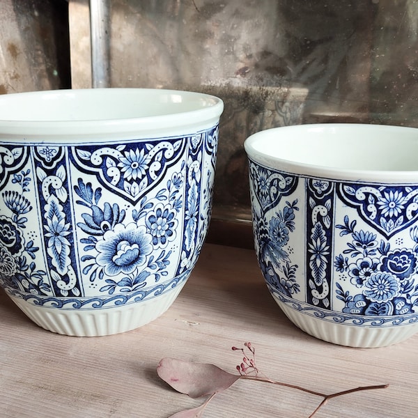 M21 Gross DELFT Keramik Übertopf Topf für Pflanzen in Kobalt Blau mit traditioneller Malerei aus Delft Holland, Florales Motiv geometrisch