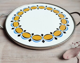 Colorful retro cake plate with metal outfit 40s round vintage decor abstract blue from Germany