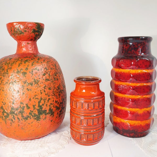 Rot Orange Fat Lava Vase RUSCHA 845 Keramik in Orange von Otto Gerharz,