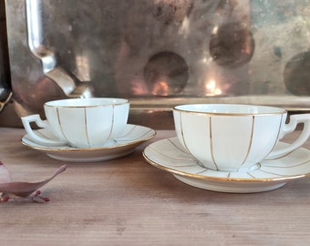 LIMOGES Art Deco high quality espresso mocha set M & S Limoges Gold 1930, faceted fan porcelaine fine extra blanche