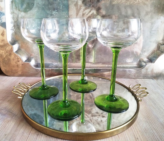4 Stk. Kristall Gläser für Weisswein, Likör oder Aperitif mit Stiel in GRÜN Smaragdgrün Midcentury Glas zweifarbig made in germany