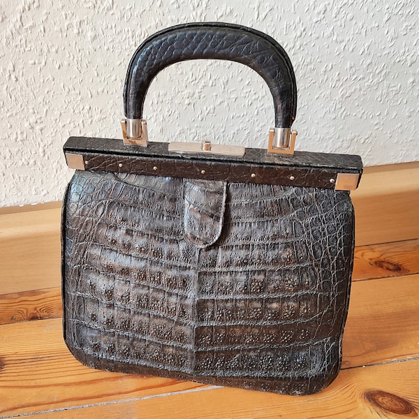 Vintage leather crocodile handbag in black retro Germany, real leather embossed MCM