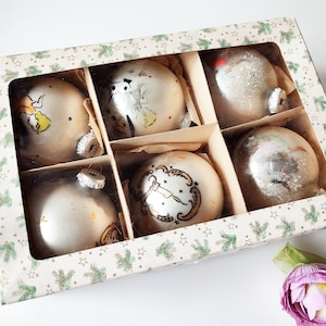 Eckartina West Germany 6 large old hand-painted matt silver balls Christmas tree glass glass balls glass art original box vintage 1950