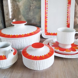Arcta porcelain with bark edge Bisquit in pure white and orange decor / Thomas Germany mid century 1970