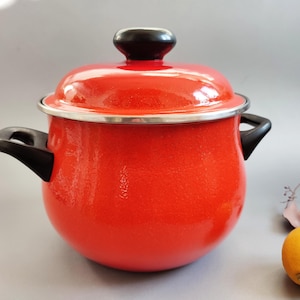 Può includere: Una pentola da cucina in smalto rosso con manico e coperchio neri. La pentola ha un bordo argentato e un pomello nero sul coperchio. La pentola è su una superficie grigia.