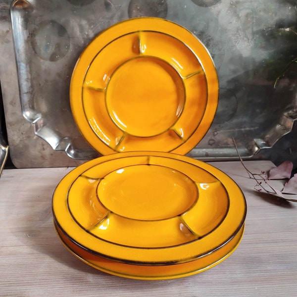 ORANGE! 3 Large Fat Lava Antipasti Raclette Fondue Plates Thomas Scandic Shadow Germany very rare! Vintage 60's- 70's. Like new!