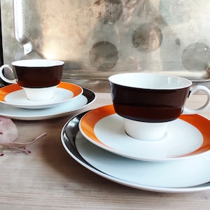 ORANGE + BROWN! Op Art Design from Germany Vintage, top condition! Eschenbach Bavaria 60s - 70s Space Age cups sugar bowl milk jug