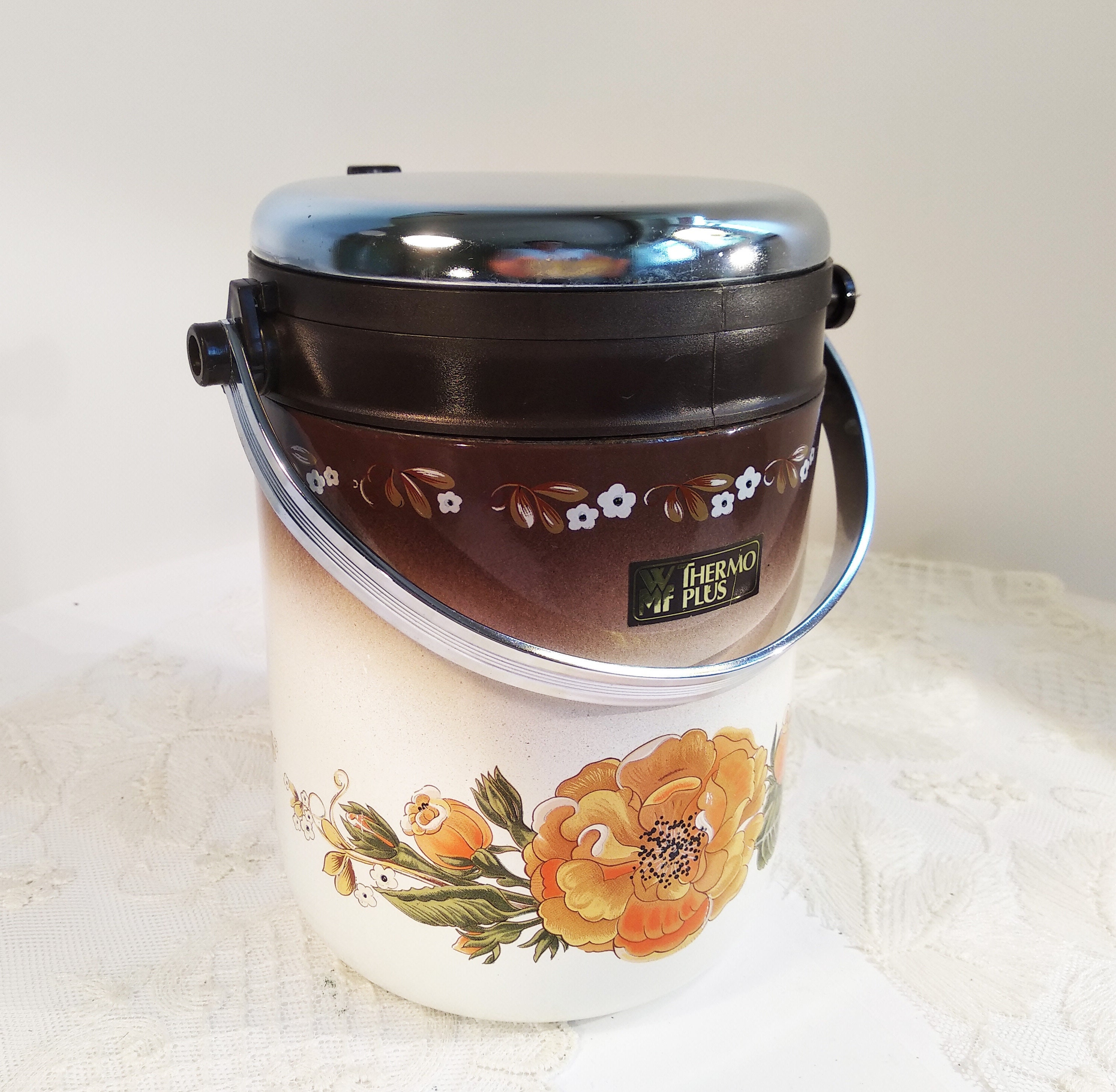 WMF Thermo Plus Emaille Eiswürfelbehälter Vintage Isolier Eiskübel Tragbarer Behälter für Eiswürfel Kalt Warm mit Blumendesign
