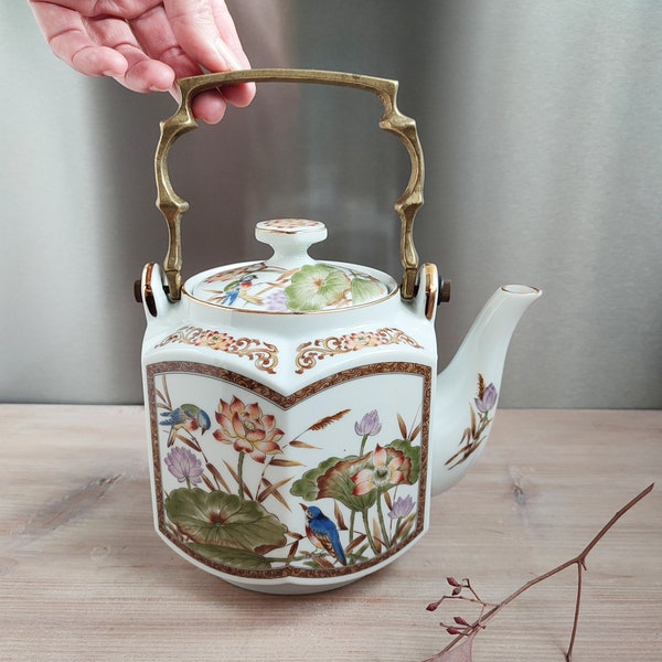 Handbemalt Vintage Japanische Teekanne mit Messing Griff sechseckig geometrisch Lotusblume Vogel Natur