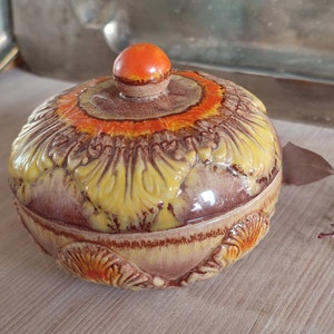 Jewelry box with lid in orange yellow beige Fat Lava running glaze Midcentury retro ceramic made in Germany