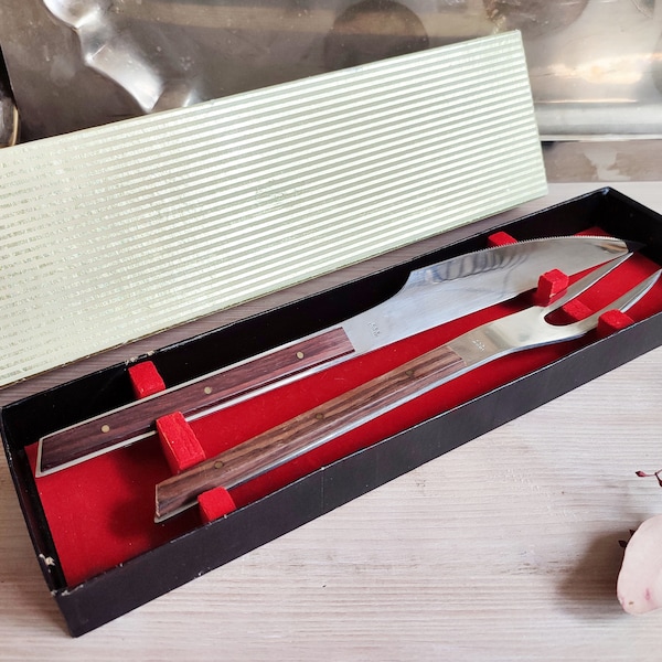 SET Retro Tranchierbesteck Besteck für Fleisch Messer Gabel gross  Vintage Mid Century 70 er Jahre TOP Zustand mit Originalkarton K.G.G