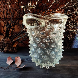Puede incluir: Un jarrón de vidrio transparente con una superficie texturizada con forma de burbujas. El jarrón tiene una forma única y orgánica con una abertura ancha en la parte superior y una base estrecha.