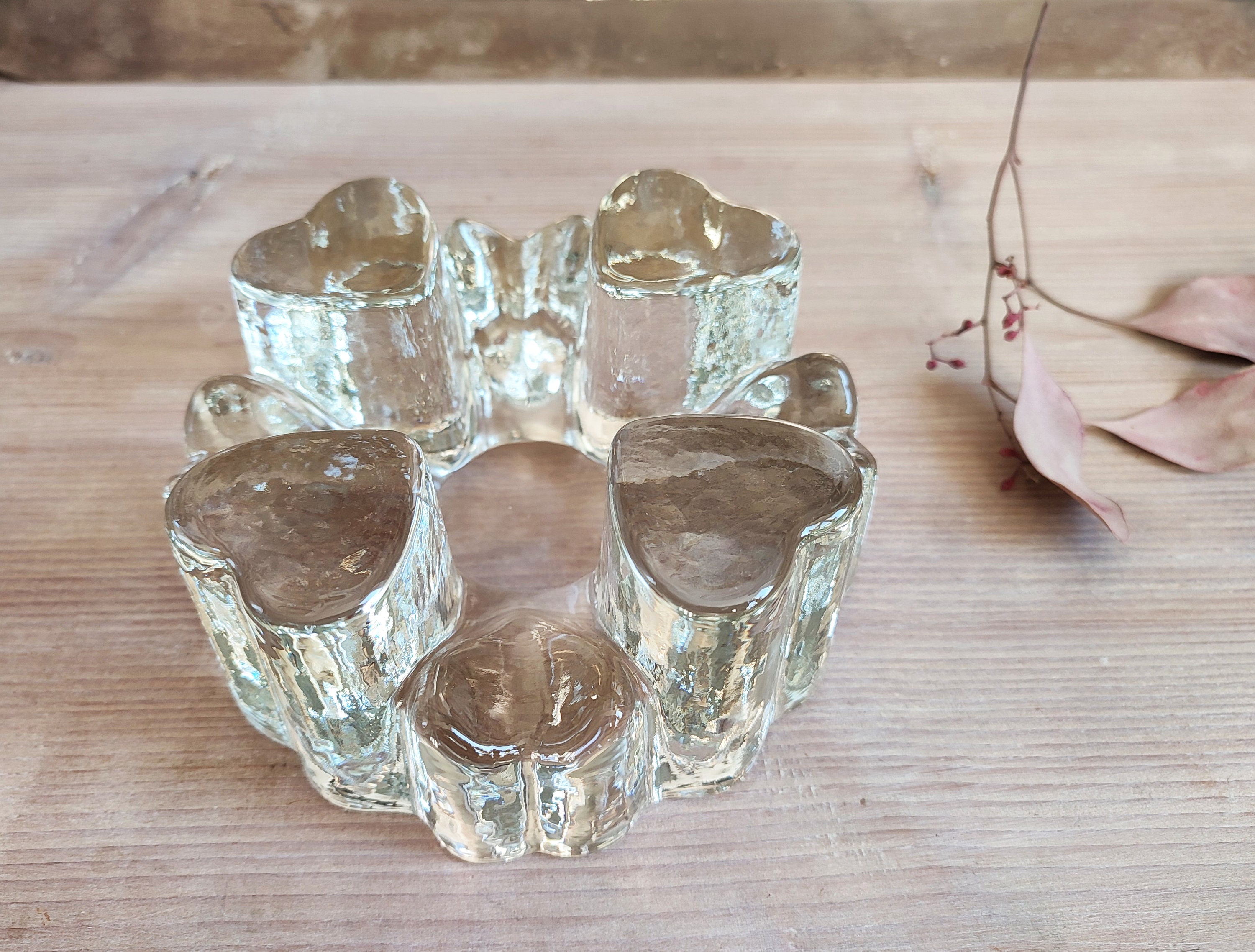 Ice glass warmer Stove made of solid glass Made in West Germany Vintage with heart motif Candle Holder Glass