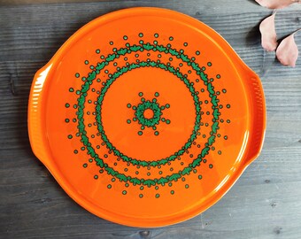 ORANGE! Retro cake plate 70s round vintage decor orange green Herbolzheim 107/30 Germany