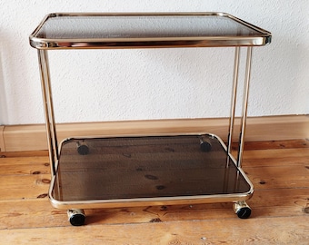 Round 70s Side Table on Wheels Wood Glass Sturdy Small Bar