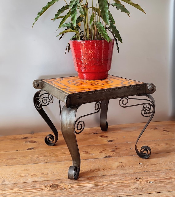 Retro Orange Fat Lava Schmiedeeisen Beistelltisch Tisch Blumen Bank Blumenetagere Blumenregal Blumenhocker Vintage Mid Century TOP Zustand