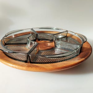 Danish Design Lüthje WOOD 70s Menage Set Vintage Glass Grey Teak Wooden Frame Rotating Serving Bowls Antipasti Olives Snacks TOP Condition