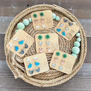 Hypoallergenic plastic stud post | Kid friendly | lightweight 4H Acrylic Earrings | Set of three | wooden holder | farm animals Pig Chicken