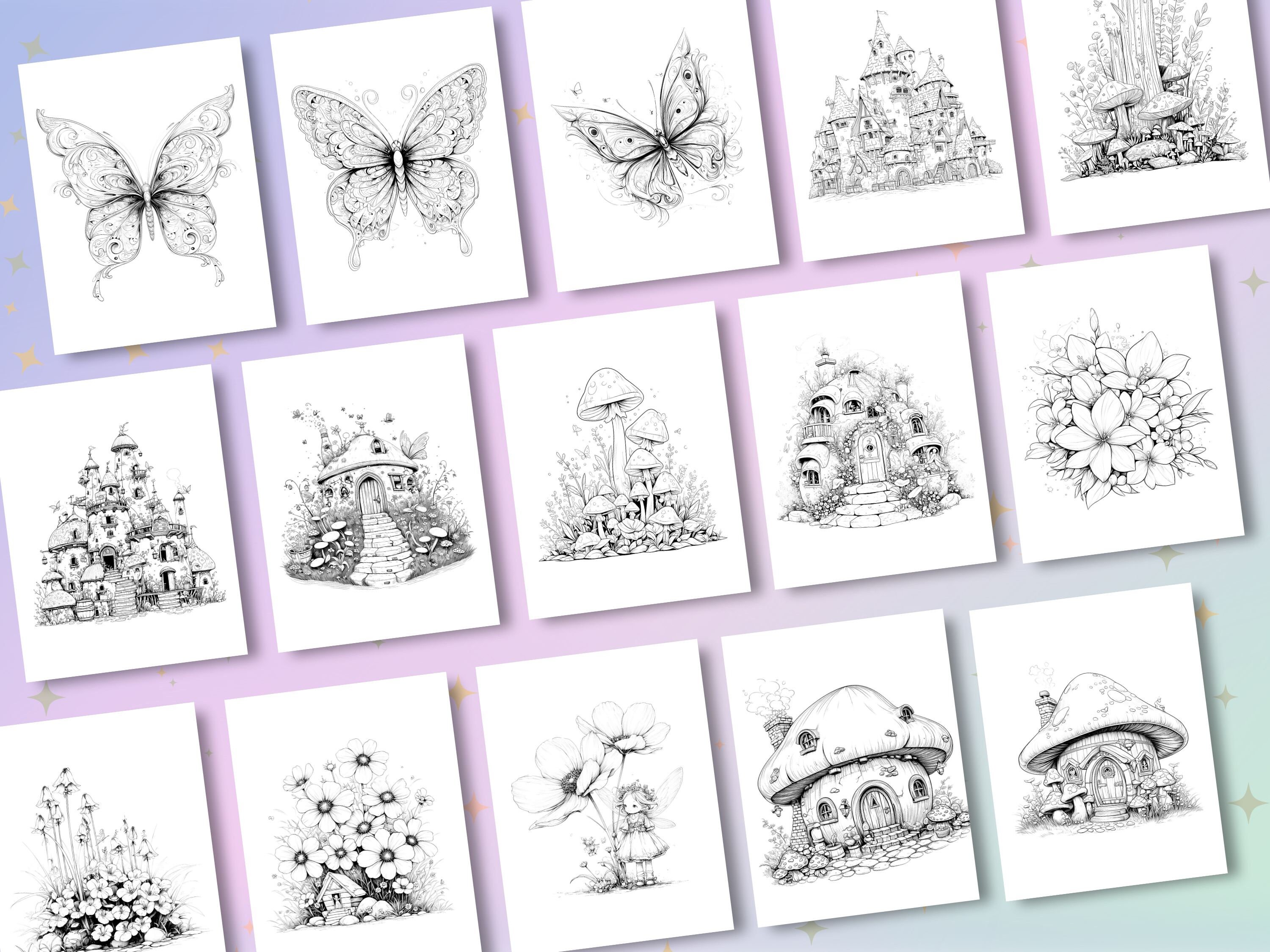 Whimsical Fairy Coloring Pages, Cute Fairies, Fairy Houses, Butterflies