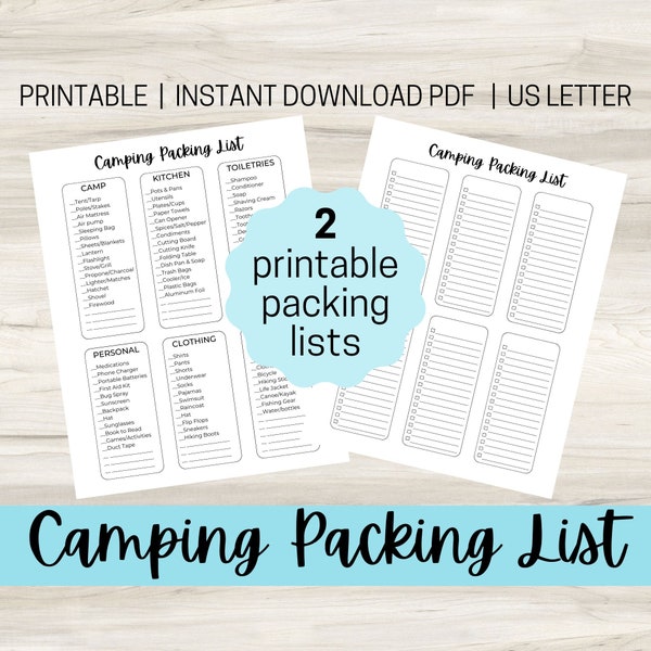 Printable Camping Packing List  |  2 Checklists  |  US Letter  |  Instant Download  |  PDF Format  |  Great for RV or Tent Camping