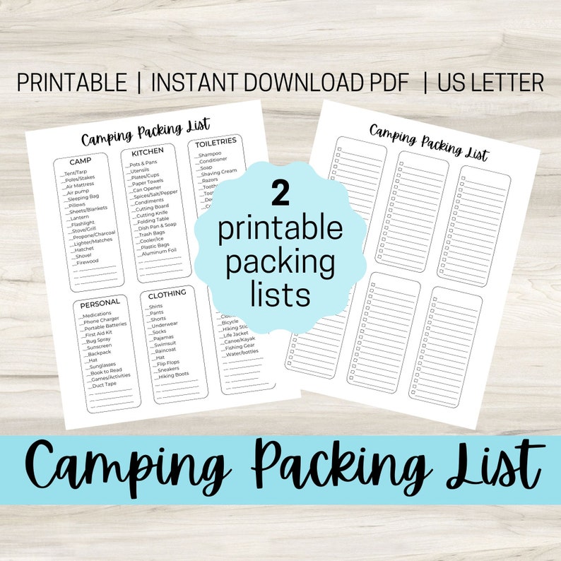 Printable Camping Packing List 2 Checklists US Letter Instant Download