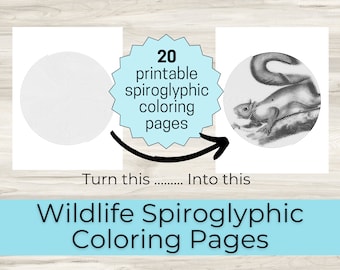 20 Spiroglyphic Wildlife Coloring Pages, Relax with Cute Animal Spiral Coloring Pages, Print at Home, Great for Stress Relief & Mindfulness