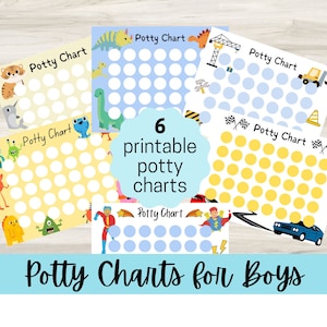 May include: Six printable potty charts for boys. Each chart features a different theme with colorful illustrations and a grid of circles for tracking progress. The themes include dinosaurs, construction, race cars, monsters, superheroes, and a generic design.