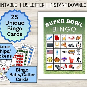 Super Bowl Printable Bingo Game, 25 Superbowl Bingo Cards, Includes Calling Cards &amp; Tokens ...