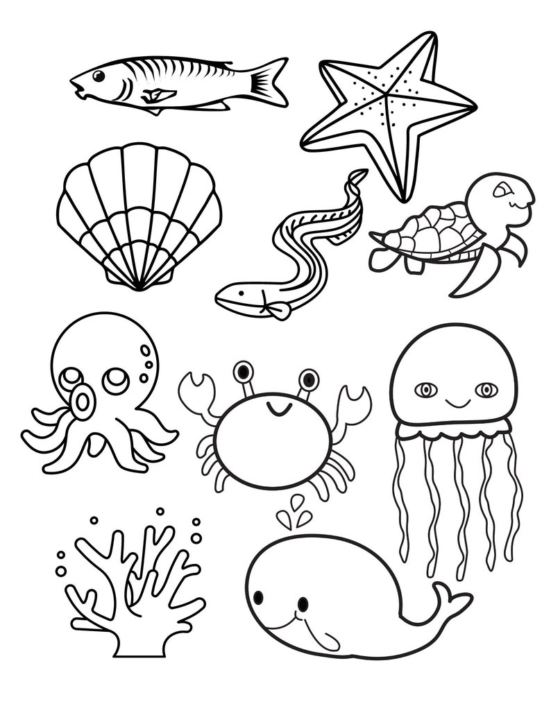 Ocean Creatures Printable Coloring Page 8 5 X 11 Print At Etsy
