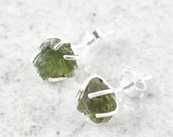 Beautiful Pair Of Raw Moldavite Earrings Wrapped In Sterling Silver, Moldavite Ear Studs, Czec Moldavite, 925 Solid Sterling Silver Studs